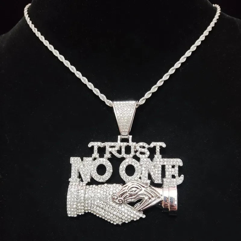 Men Women Hip Hop Trust no one Pendant Necklace with13mm Cuban Chain Hiphop Iced out pendant Necklaces Fashion Punk Jewelry Gift - NawdeX