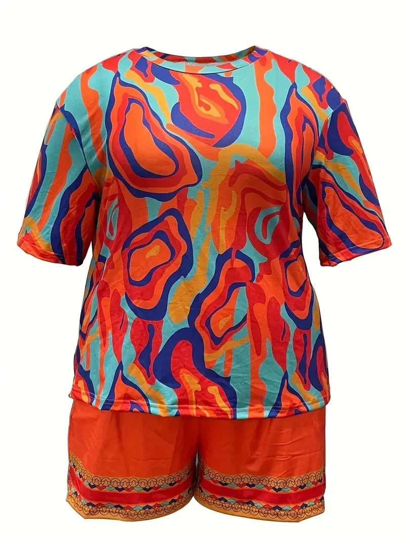 Plus Size Colorful Abstract Print Pajama Set