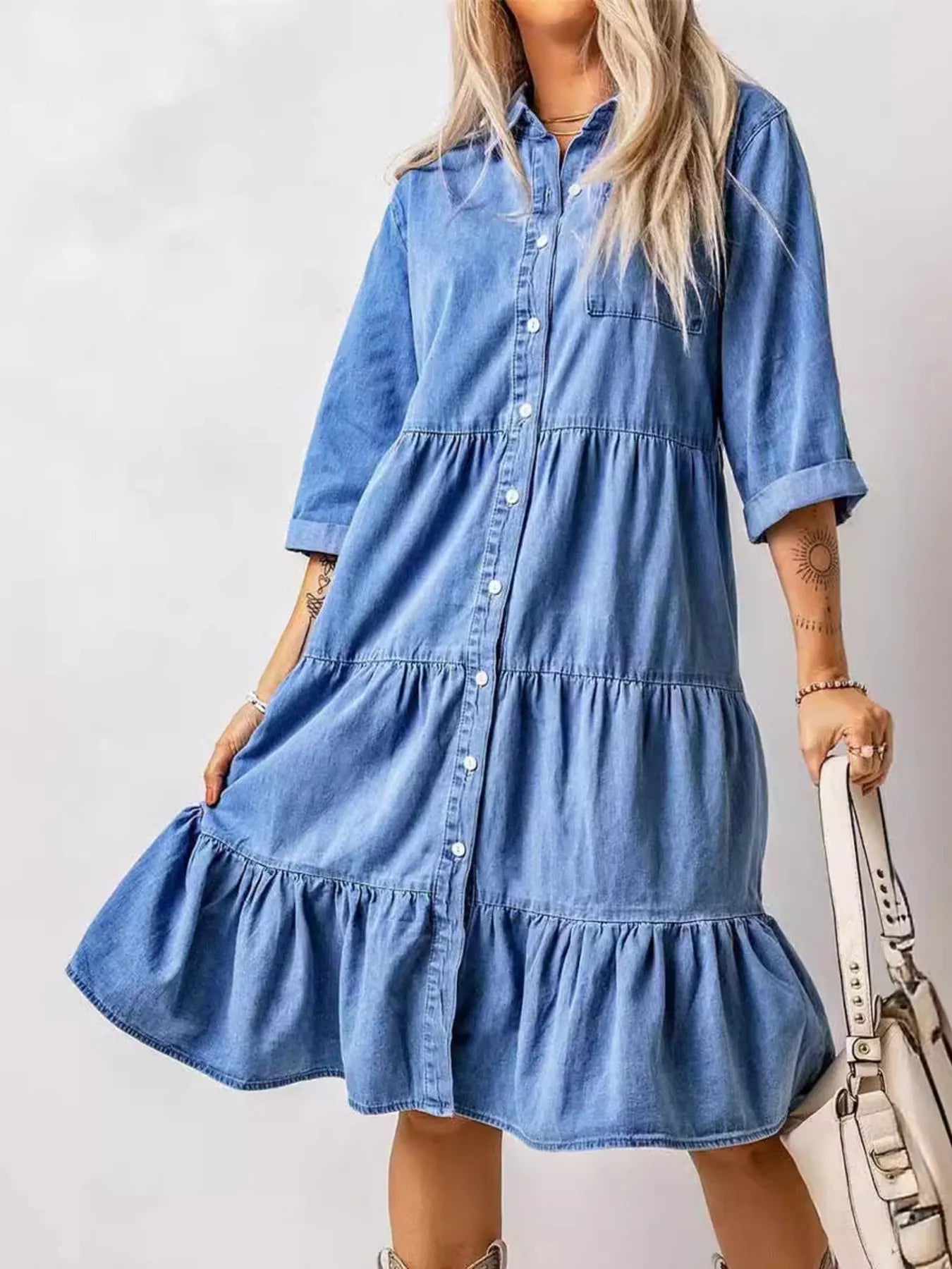 Ruffled Hem Button Up Denim Dress – NawdeX