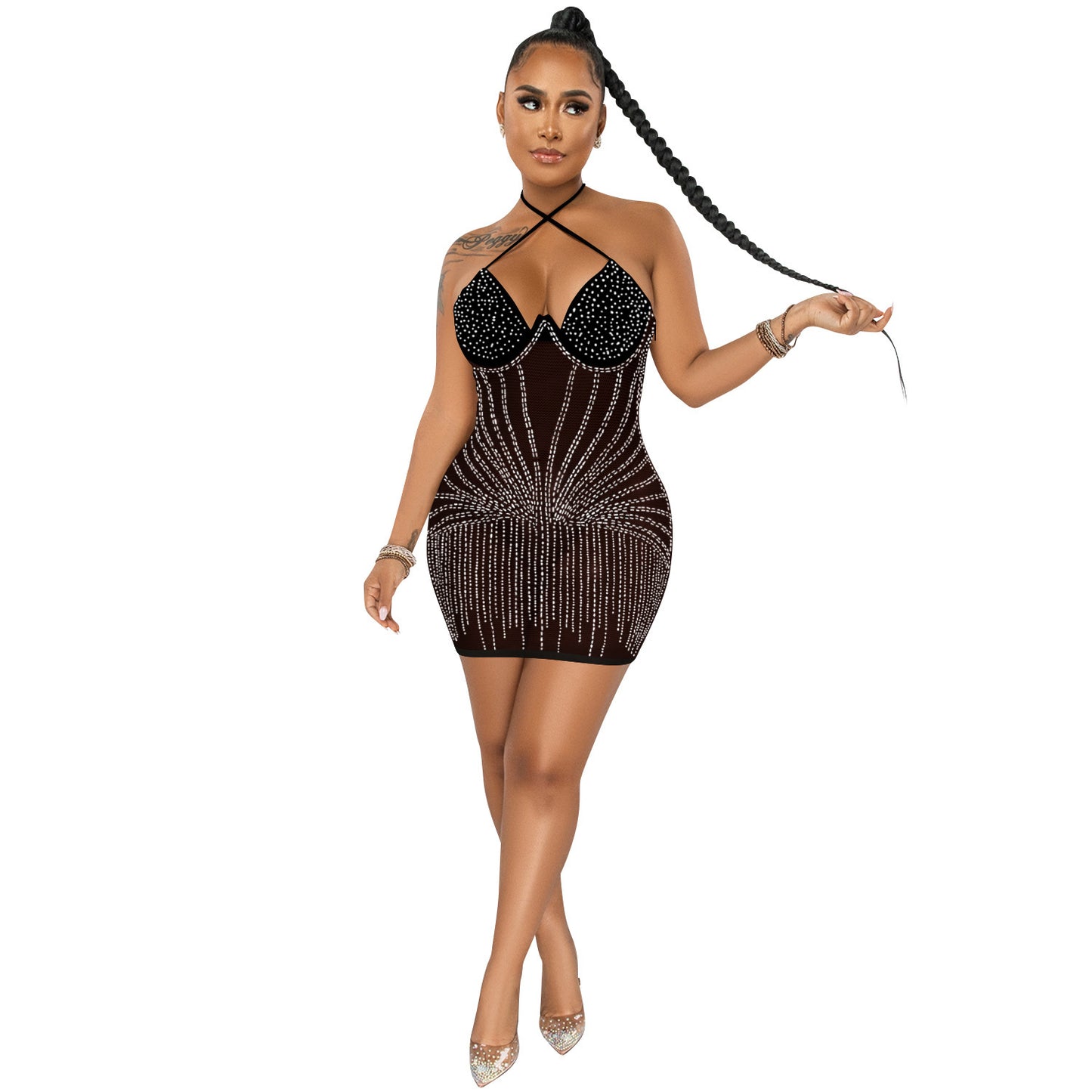 Sling Wrapped Rhinestone Mesh Dress