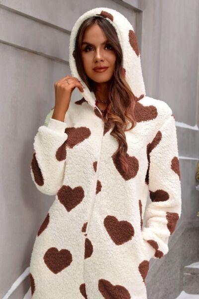 Fuzzy Heart Zip Up Hooded Lounge Jumpsuit - NawdeX