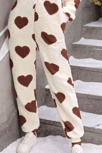 Fuzzy Heart Zip Up Hooded Lounge Jumpsuit - NawdeX