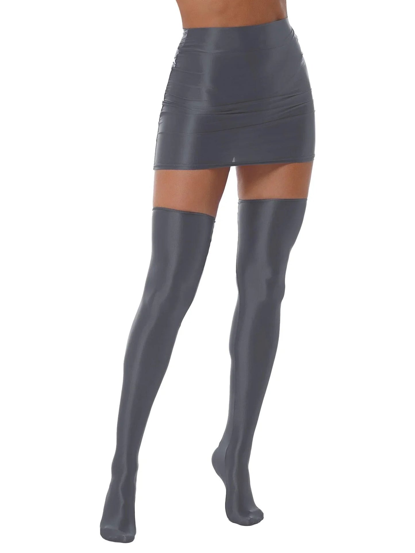 Baddies Women's Glossy Tight Skirt Stockings Set Sexy High Waist Workout Cheer Booty Dance Wear Oil Shiny Pole Dancing Clubwear Outfit - NawdeX