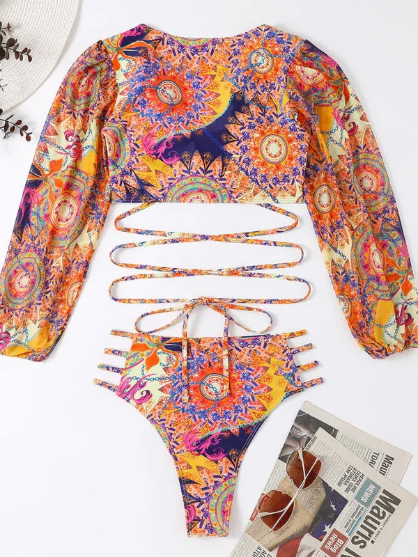 Women's Ethnic Printed Mesh Long Sleeve Bikini Set - NawdeX
