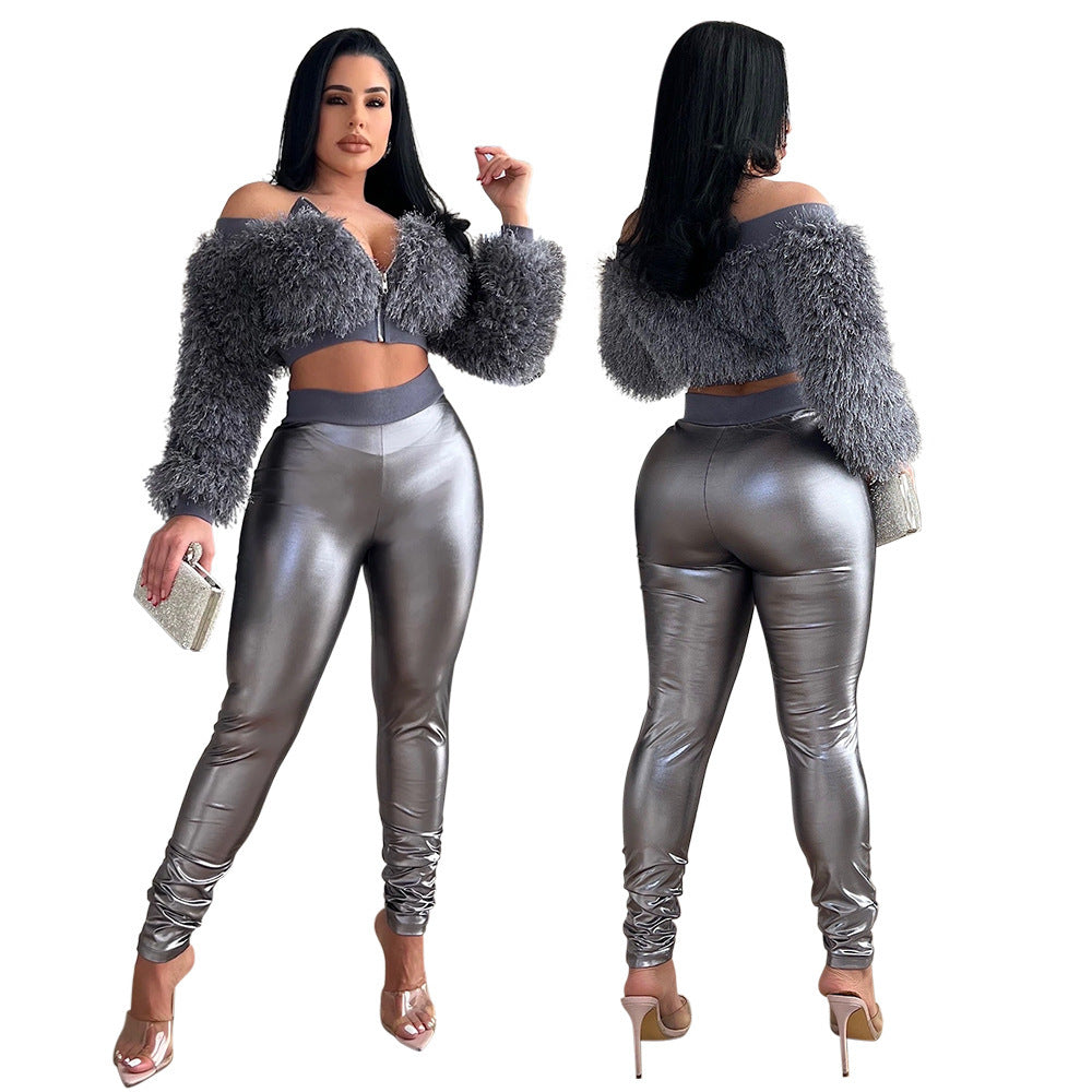 Furry Crop Top Slim Trousers Set