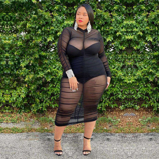 Curve Long Sleeve Bodysuit Lining Sexy Mesh Bodycon Dress