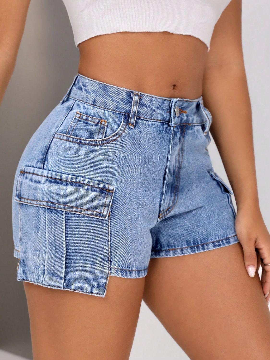 Mid-Rise Waist Denim Cargo Shorts