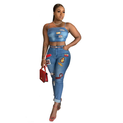 Cartoon patch cuffed jeans suit