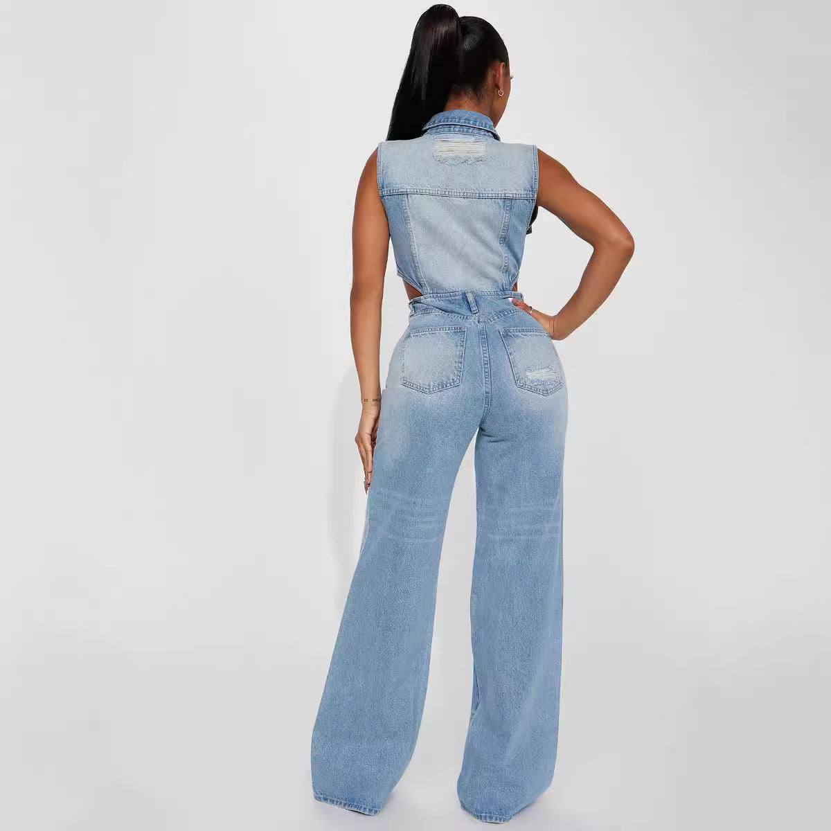 Slim Waist Wash Denim Jumpsuit