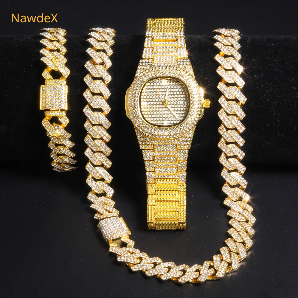 Gold Color Watch Hip Hop Miami Curb Cuban Chain Iced Out Paved Rhinestones Bling Rapper Necklace+Watch+Bracelet Jewelry For Men - NawdeX