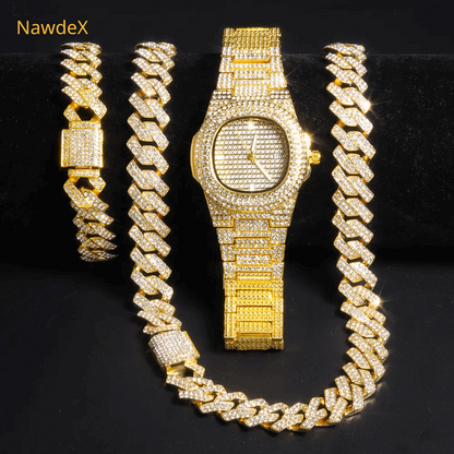 Gold Color Watch Hip Hop Miami Curb Cuban Chain Iced Out Paved Rhinestones Bling Rapper Necklace+Watch+Bracelet Jewelry For Men - NawdeX