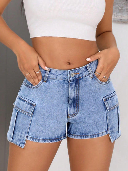 Mid-Rise Waist Denim Cargo Shorts