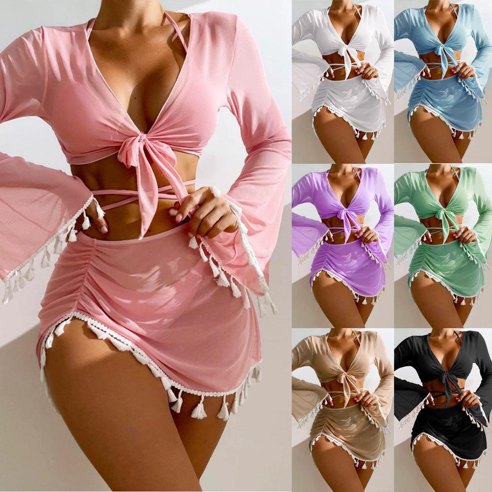 New European And American Conservative Four-piece Solid Color Tassel Blouse Mesh Skirt Bikini Swimsuit For Women