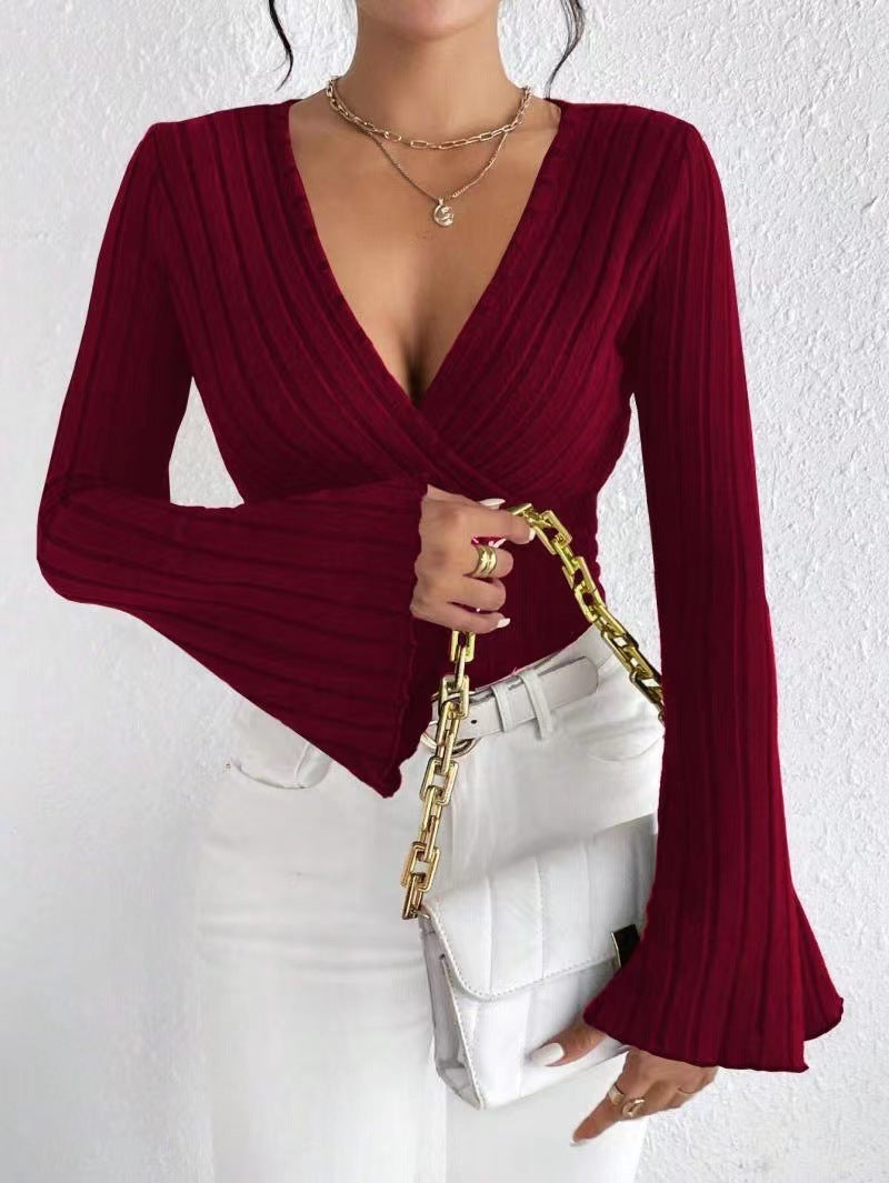 Ribbed Knit Deep V Wrap Top