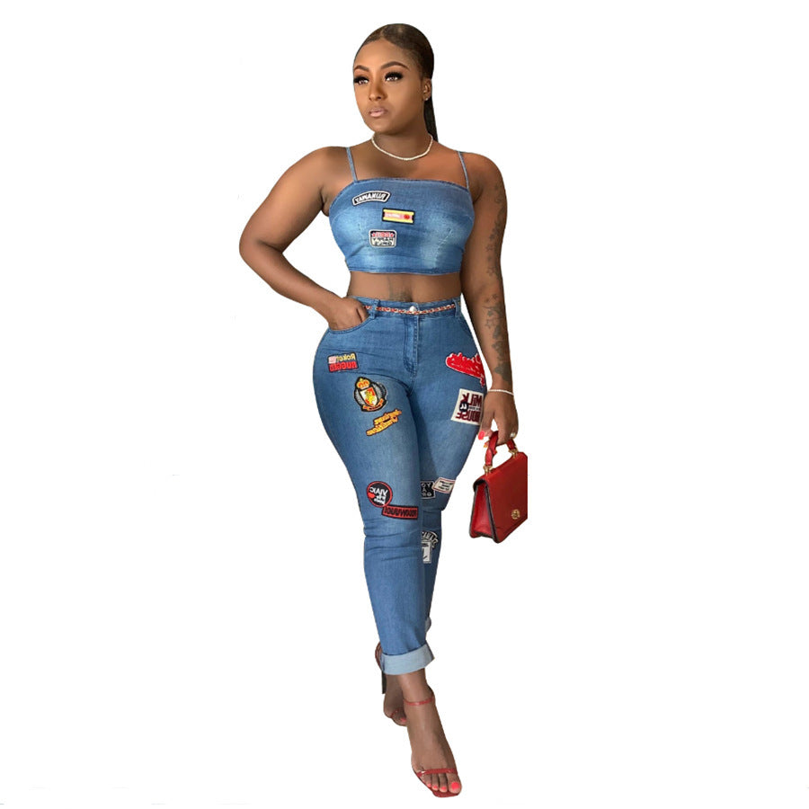 Cartoon patch cuffed jeans suit