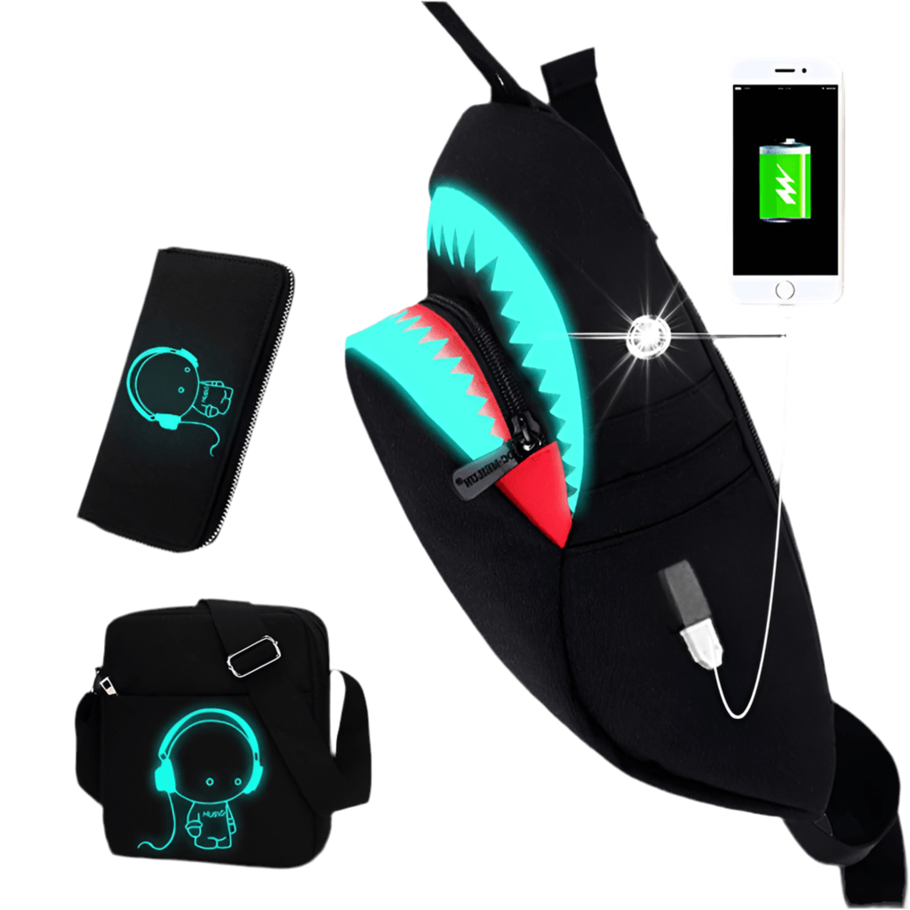 Men Anti Theft USB Rechargeable Luminous Shark Crossbody Bag