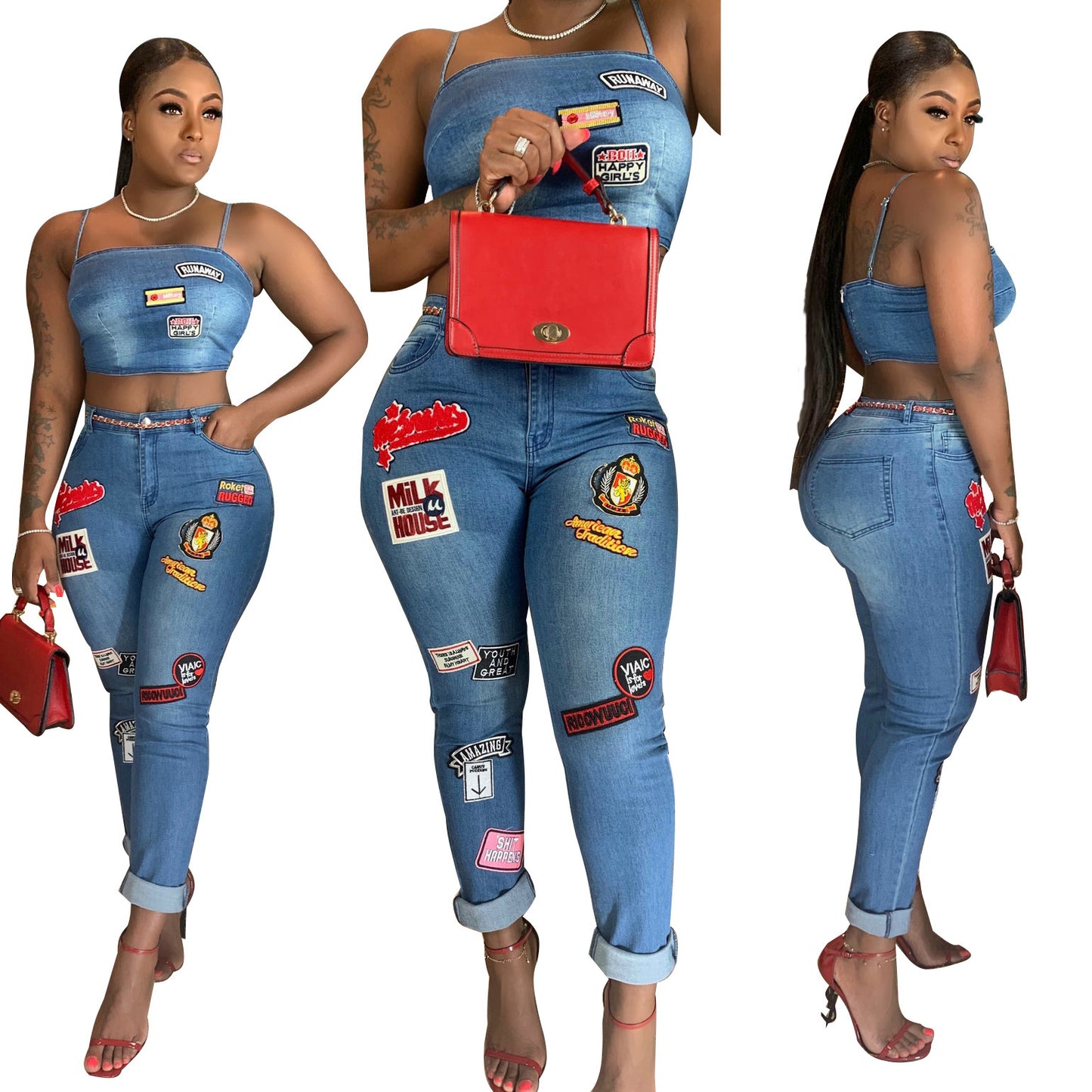 Cartoon patch cuffed jeans suit