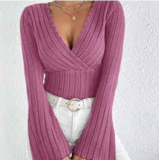Ribbed Knit Deep V Wrap Top