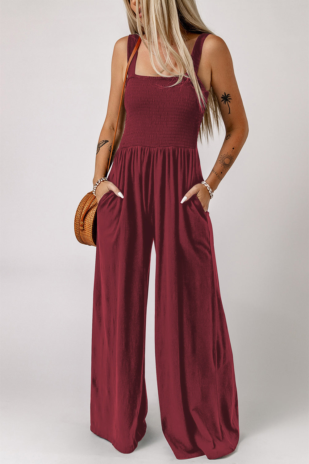 Smocked Square Neck Wide Leg Jumpsuit with Pockets - NawdeX