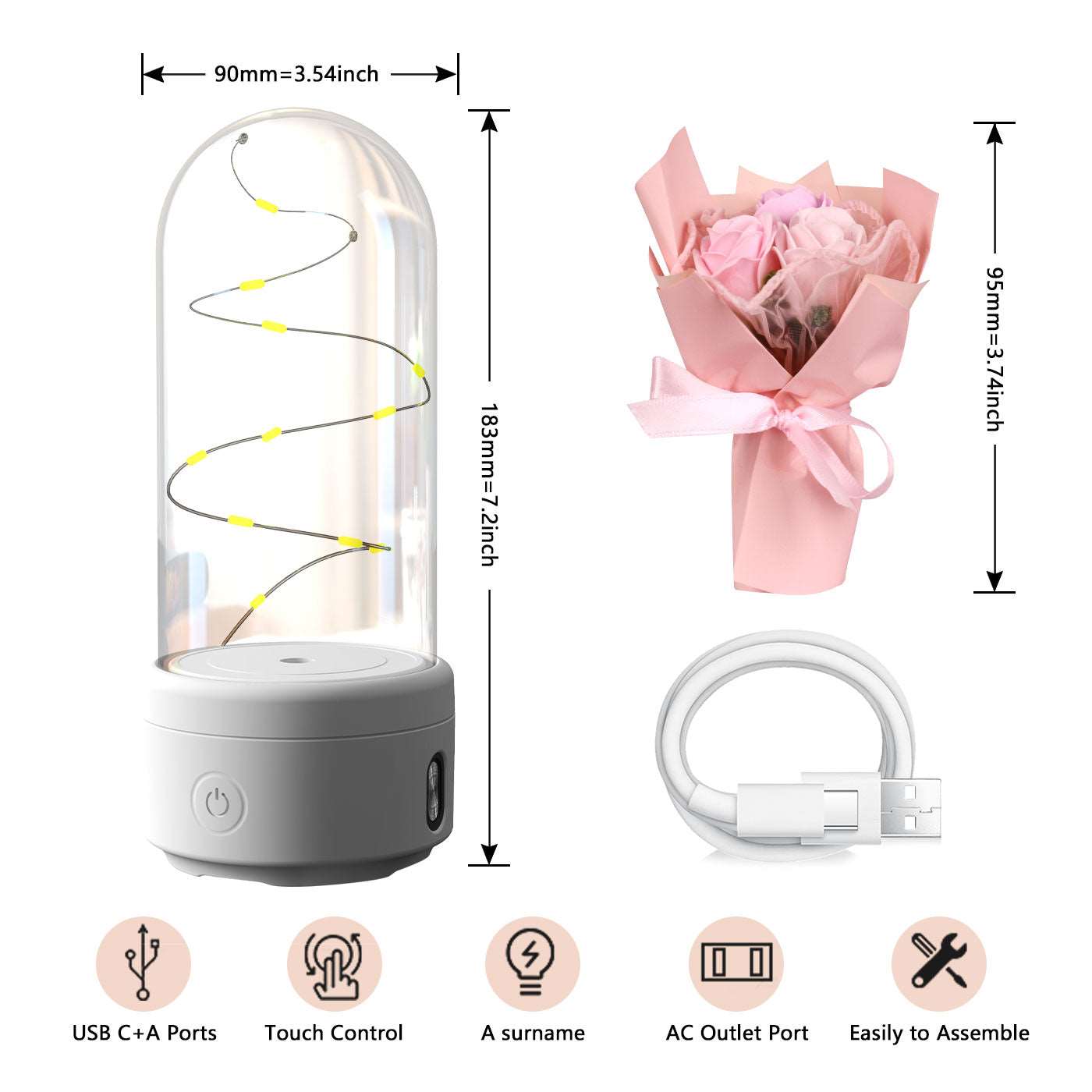 2 In 1 Bouquet LED Light And Bluetooth Speaker Rose Luminous Night Light Ornament In Glass Cover