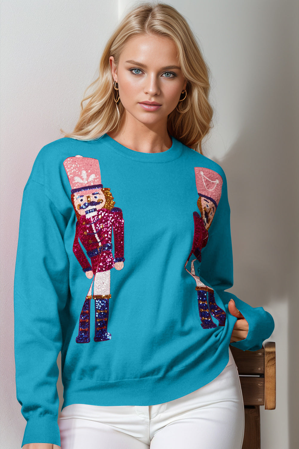 Double Take Full Size Nutcracker Sequin Long Sleeve Sweater - NawdeX