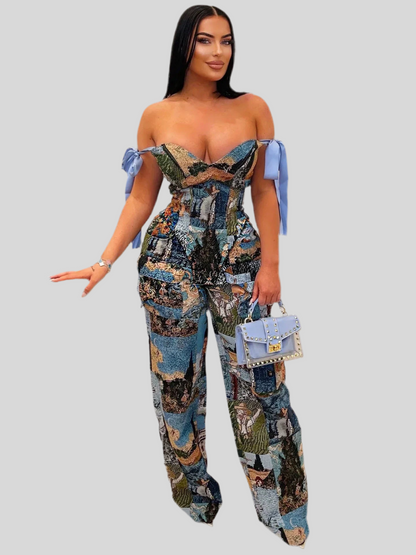 Short Oil Painting Printed Crop Set