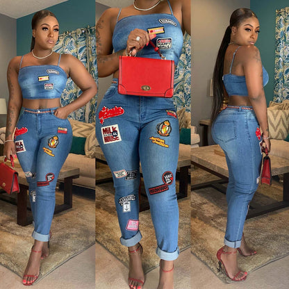 Cartoon patch cuffed jeans suit