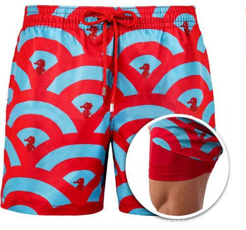 Mens Sports Print Double Layer Swim Shorts