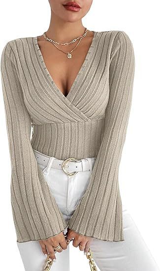 Ribbed Knit Deep V Wrap Top
