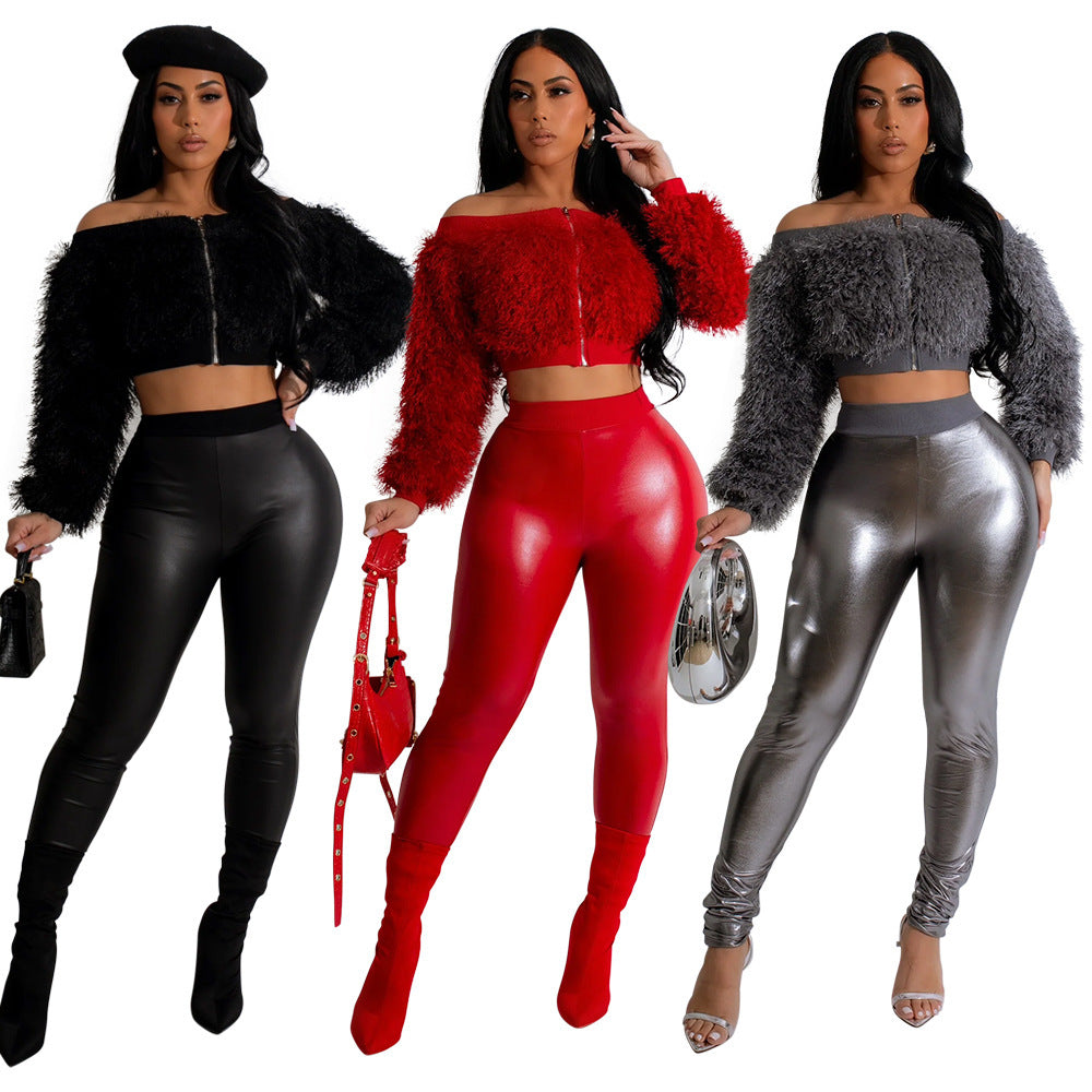 Furry Crop Top Slim Trousers Set