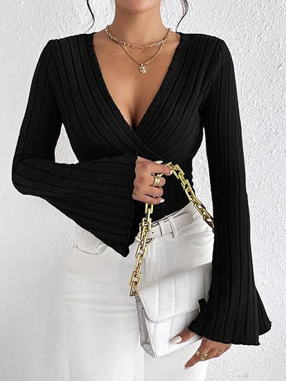 Ribbed Knit Deep V Wrap Top