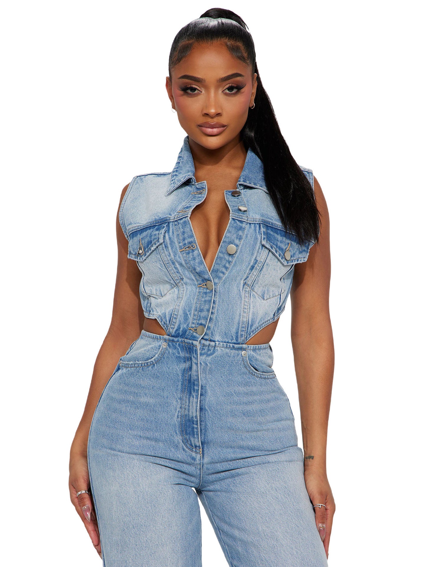 Slim Waist Wash Denim Jumpsuit
