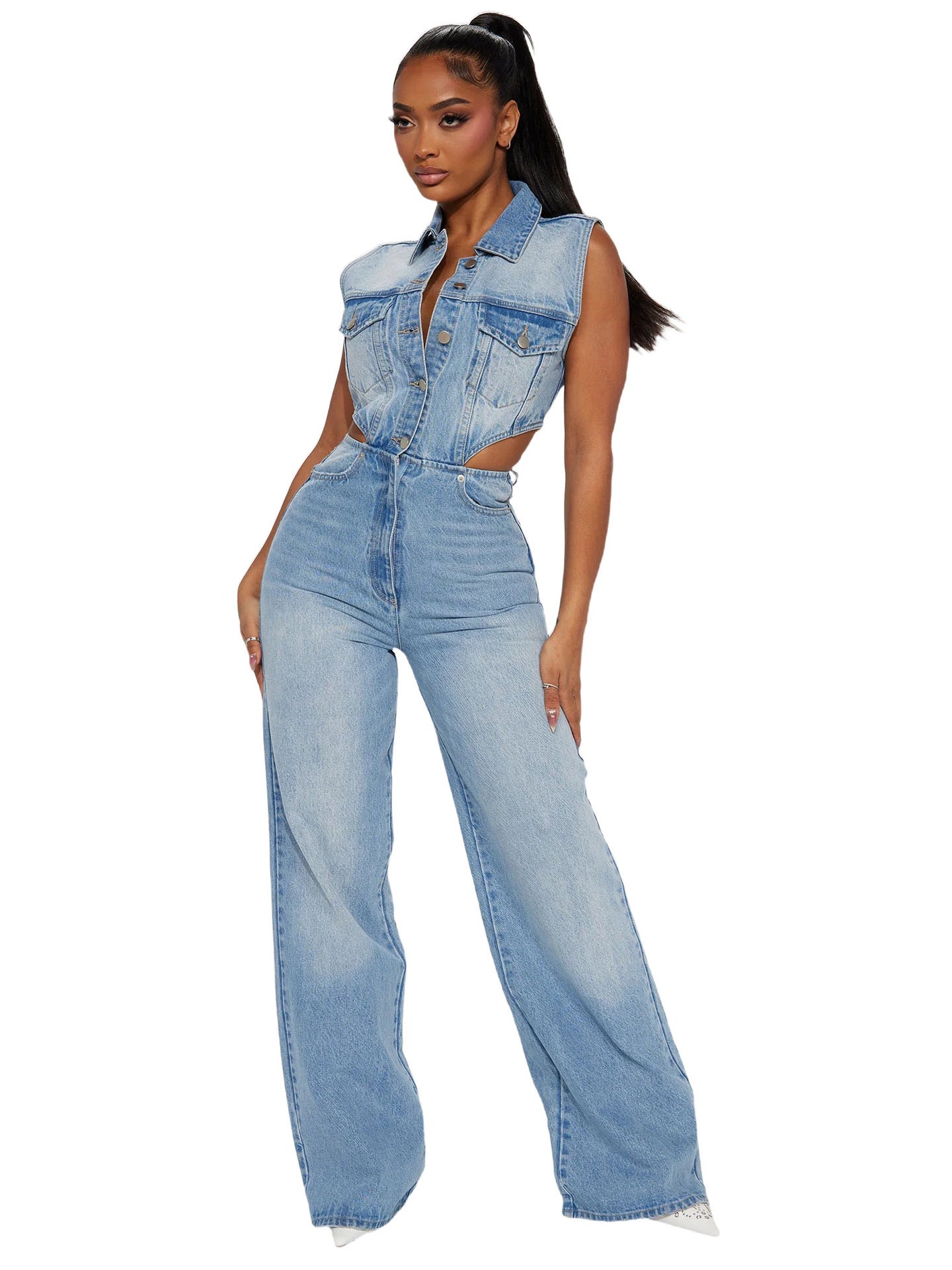 Slim Waist Wash Denim Jumpsuit