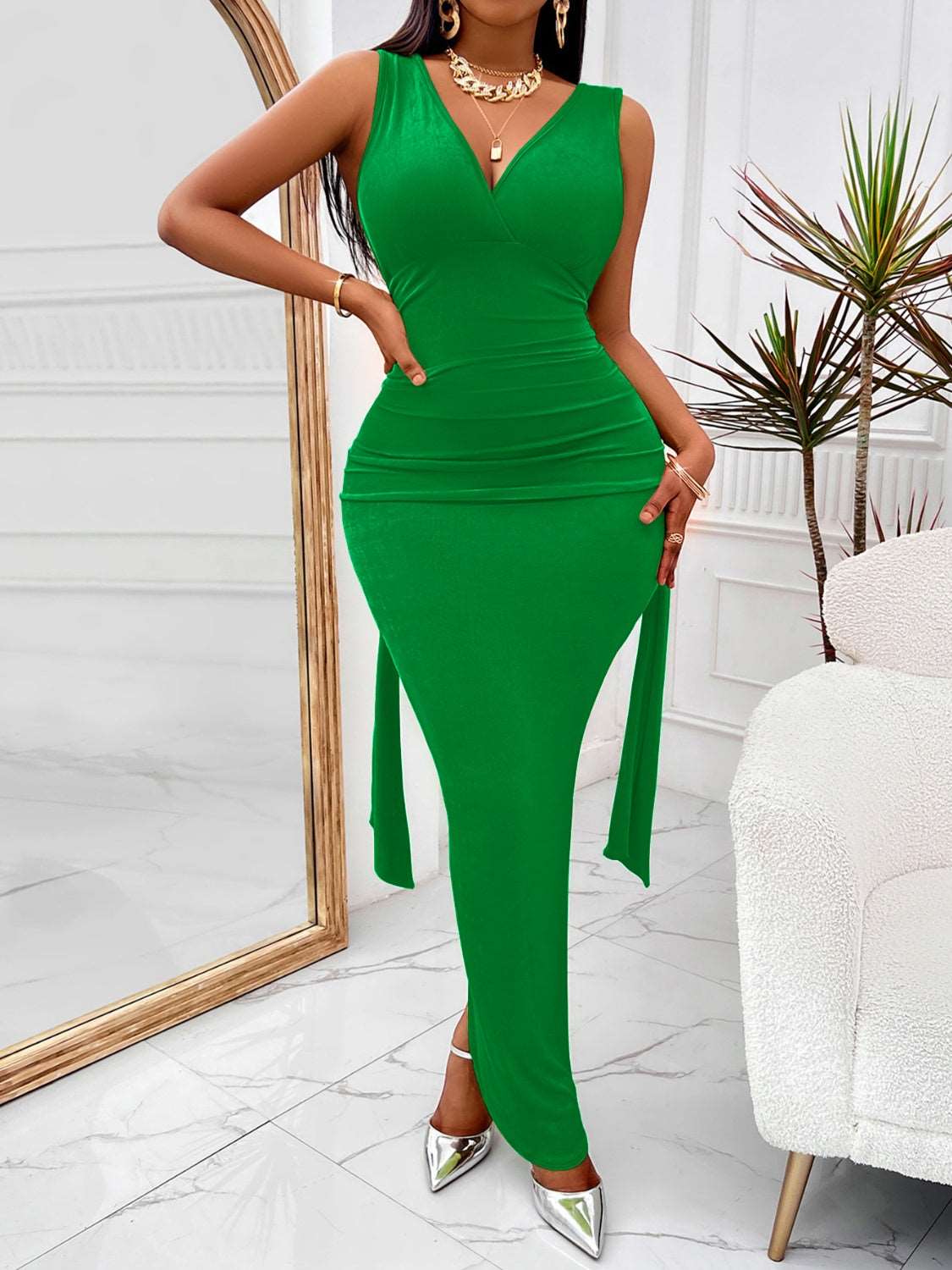 Backless Ruched Slit Maxi Dress - NawdeX