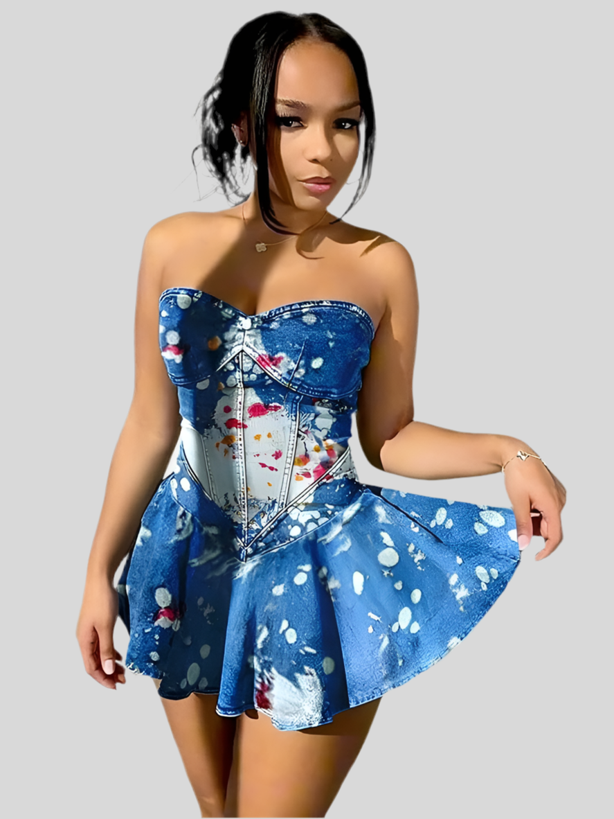 Malaise Blue Print Denim Mini Dress