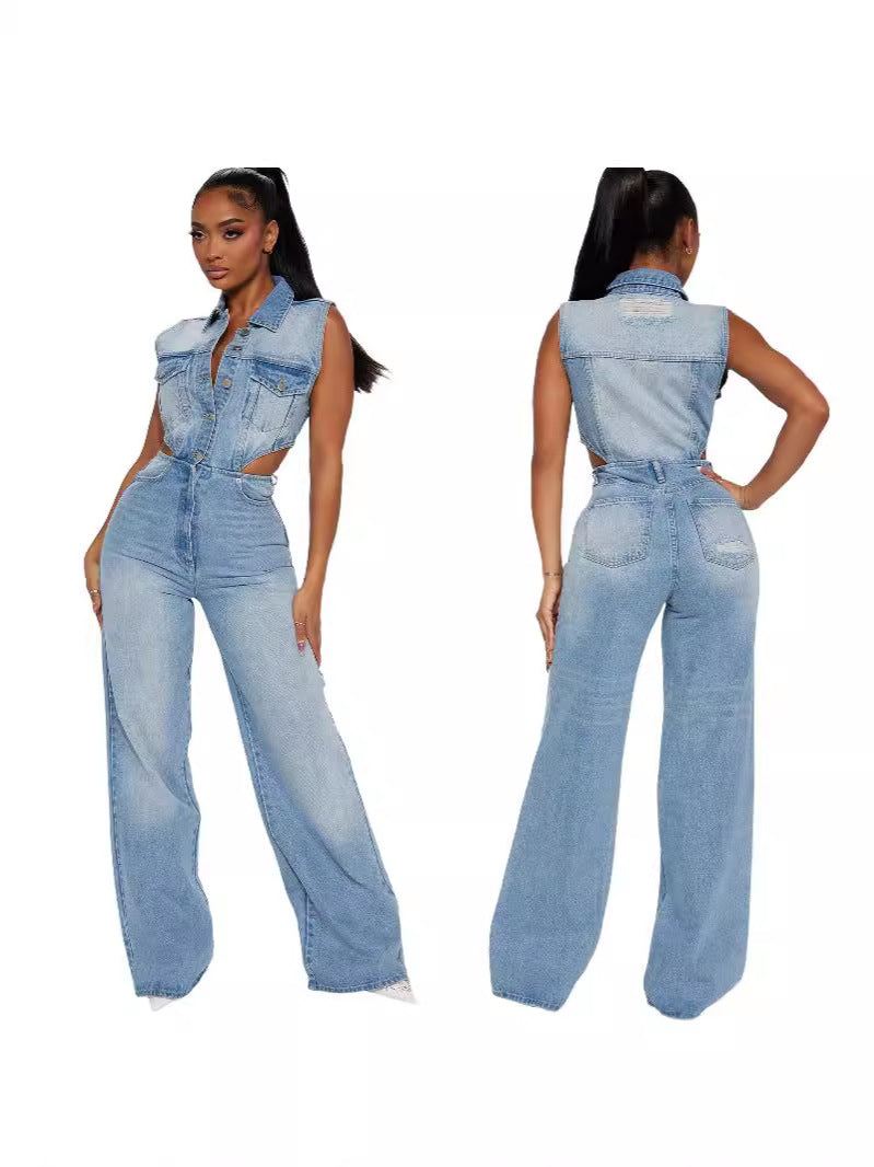 Slim Waist Wash Denim Jumpsuit