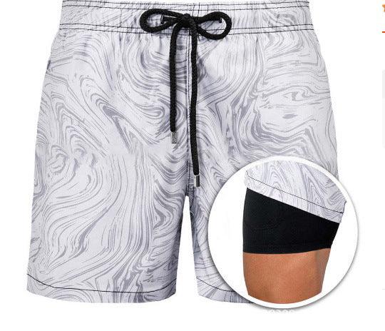 Mens Sports Print Double Layer Swim Shorts