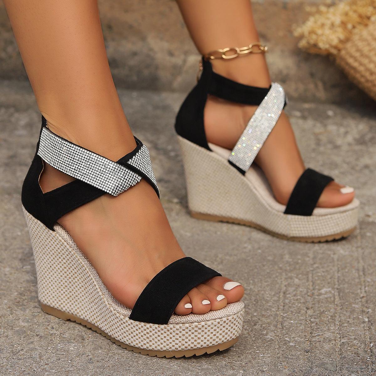 Fish Mouth High Wedges Sandals With Rhinestone