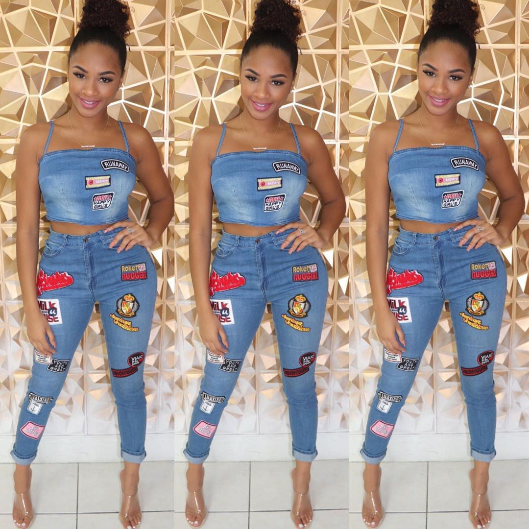 Cartoon patch cuffed jeans suit