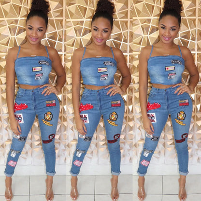 Cartoon patch cuffed jeans suit