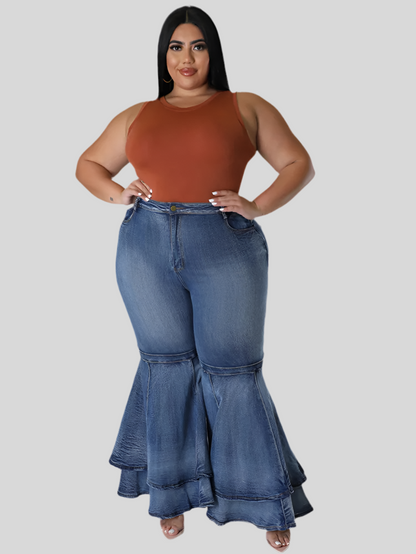 Plus Size High Waist Flared  Ruffled Hem Denim