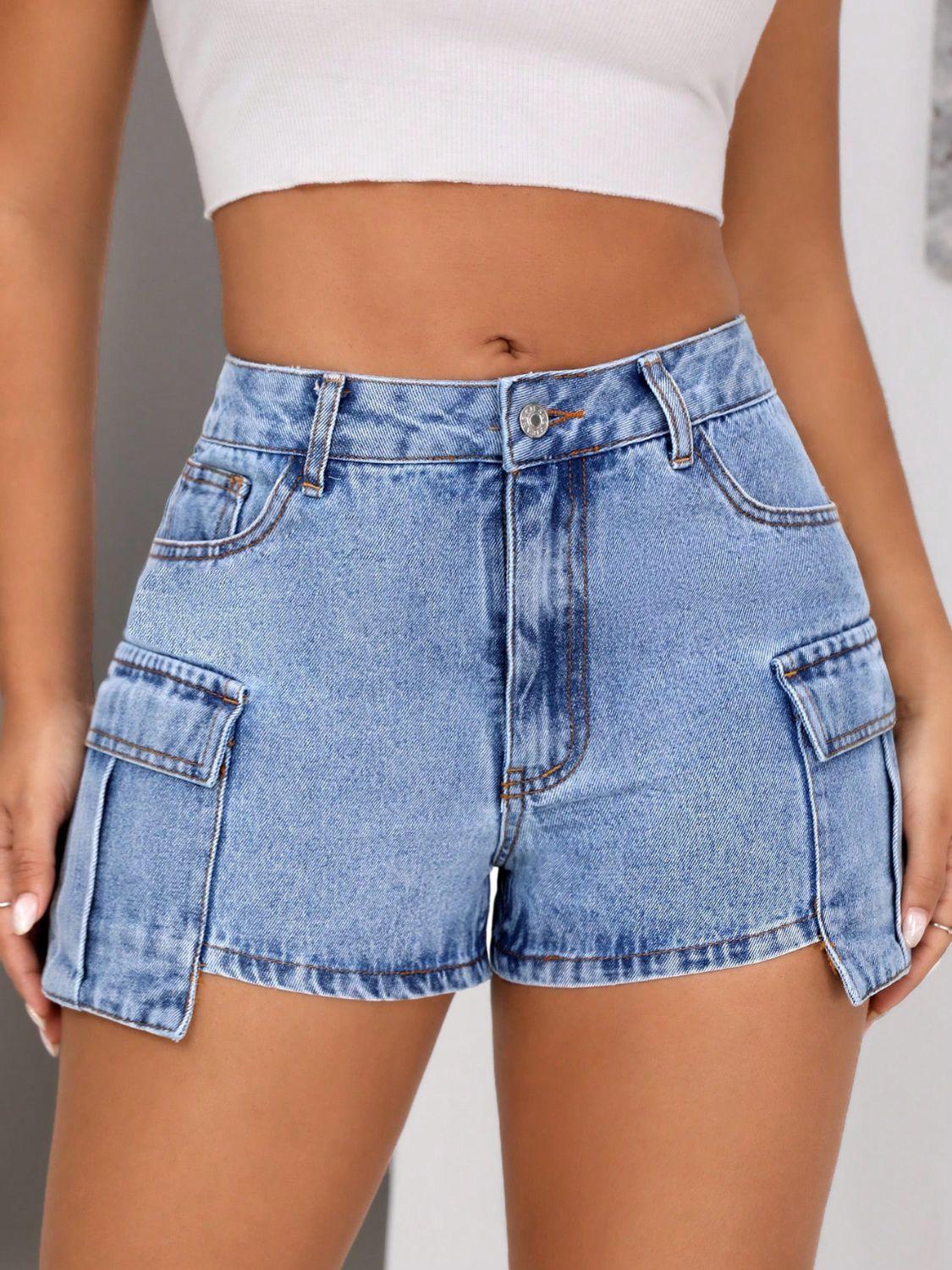 Mid-Rise Waist Denim Cargo Shorts