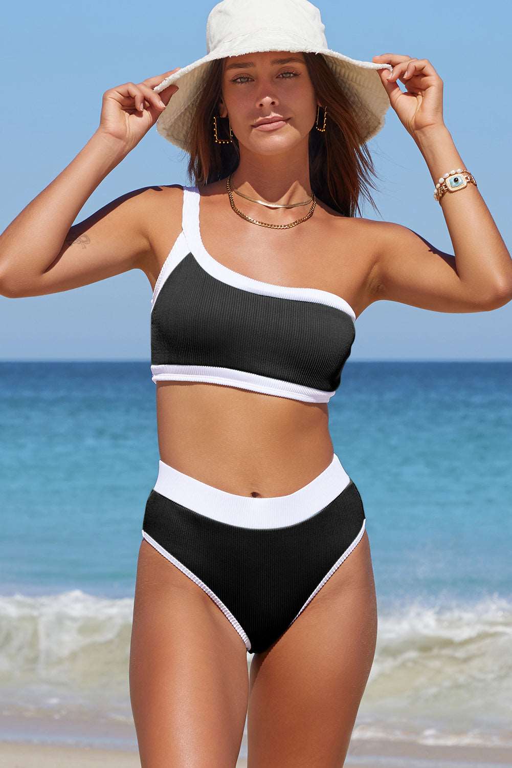 Contrast Trim Ribbed One-Shoulder Bikini Set - NawdeX