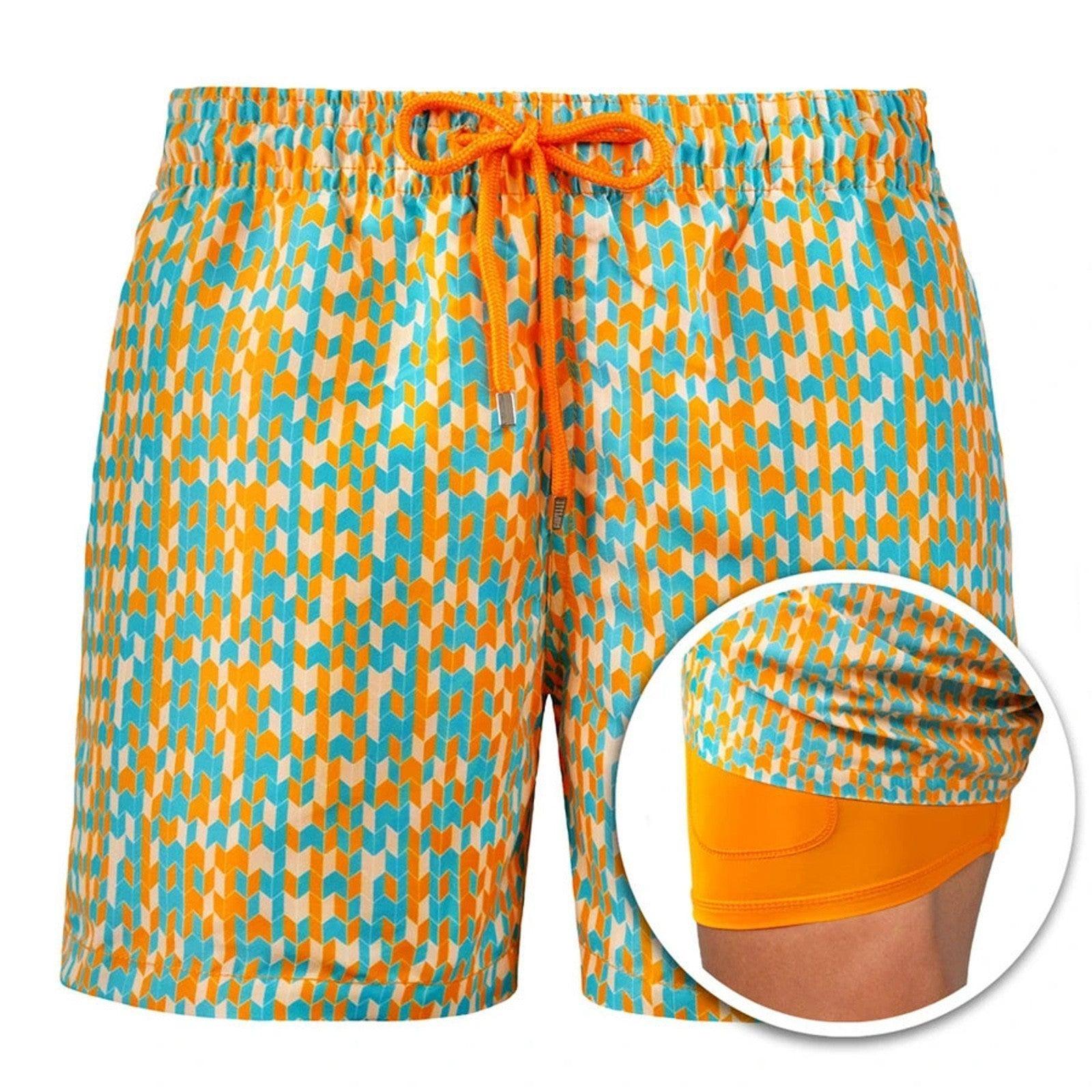 Mens Sports Print Double Layer Swim Shorts