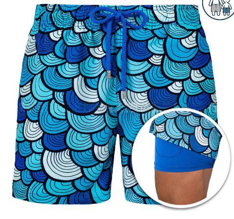 Mens Sports Print Double Layer Swim Shorts