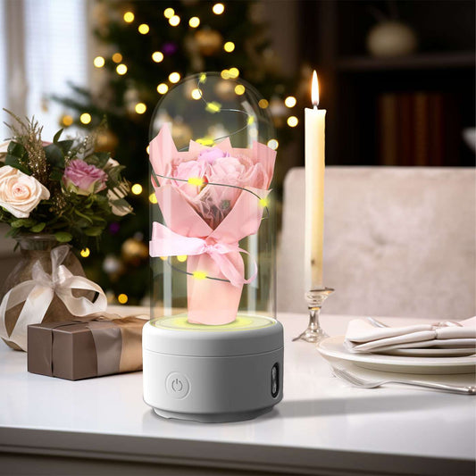 2 In 1 Bouquet LED Light And Bluetooth Speaker Rose Luminous Night Light Ornament In Glass Cover