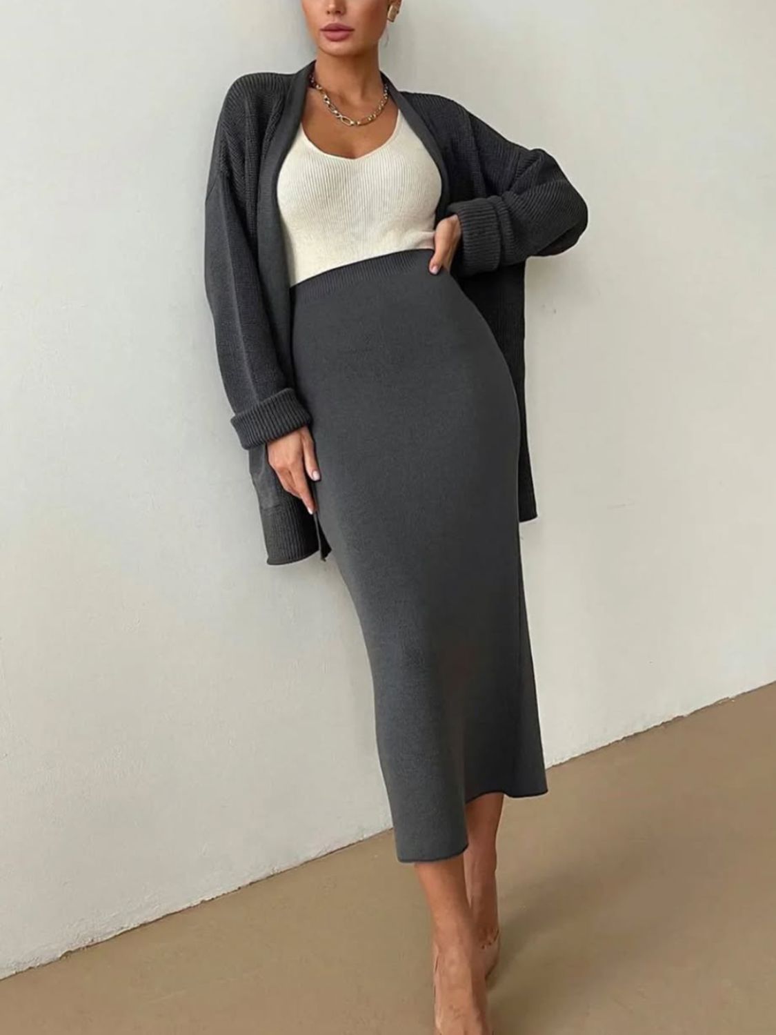 Pocketed Long Sleeve Cardigan and Skirt Sweater Set