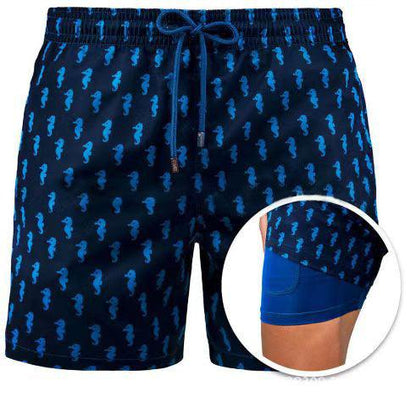 Mens Sports Print Double Layer Swim Shorts