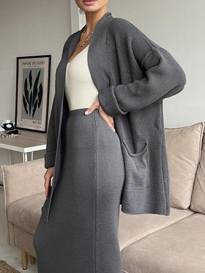 Pocketed Long Sleeve Cardigan and Skirt Sweater Set