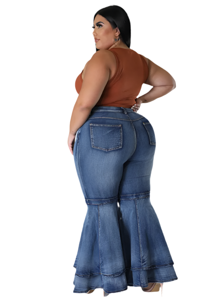 Plus Size High Waist Flared  Ruffled Hem Denim